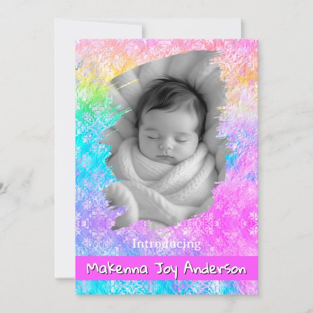 Faire-part [Rainbow Damask] Soft Pastels Baby Girl Birth (Devant)