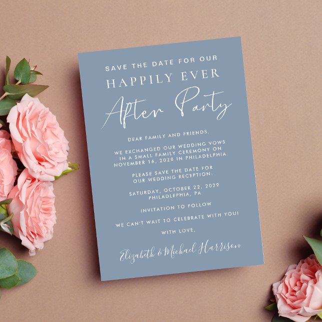 Faire-part Réception de mariage Dusty Blue Photo Enregistrer  (A stylish save the date announcement for a reception to celebrate your elopement or private wedding)