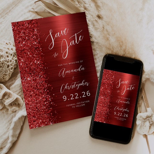 Faire-part Red Brushed Metal Script Save the Date (Créateur téléchargé)