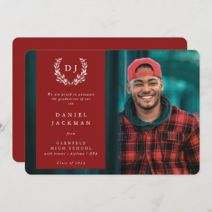 Faire-part Red Monogram Laurel Wreath Graduation Photo