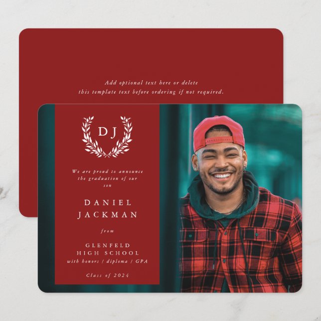 Faire-part Red Monogram Laurel Wreath Graduation Photo (Devant / Derrière)