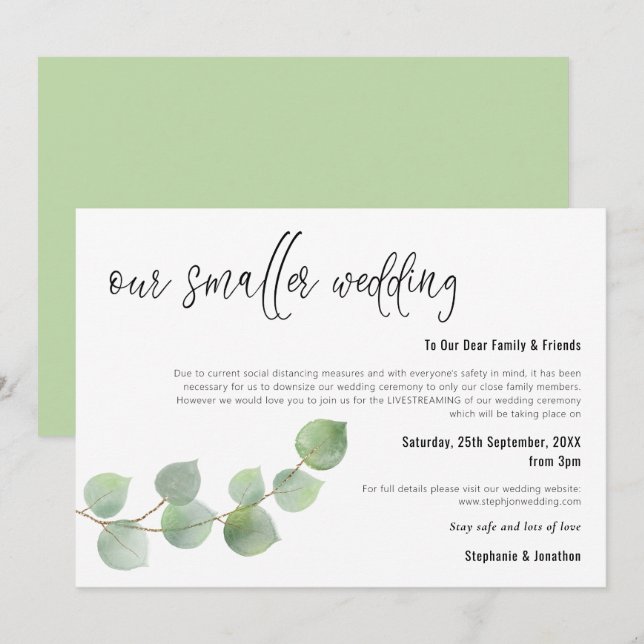 Faire-part Réduction de mariage Script élégant Eucalyptus (Devant / Derrière)