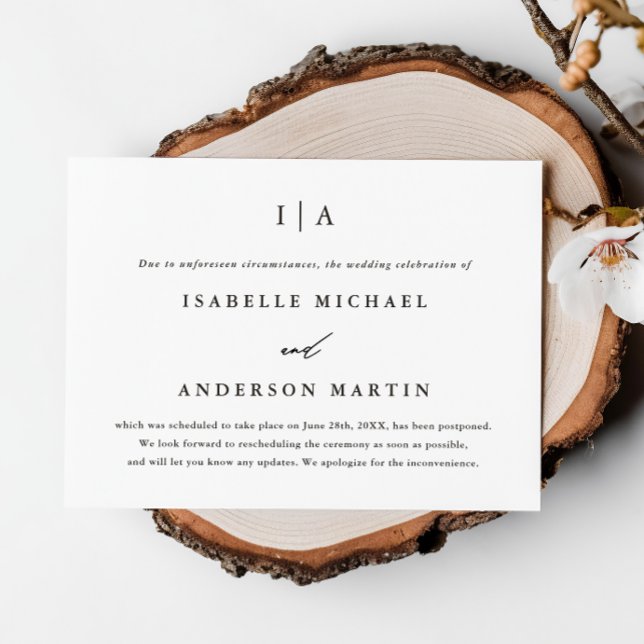 Faire-part Report de mariage classique à monogramme noir (Créateur téléchargé)