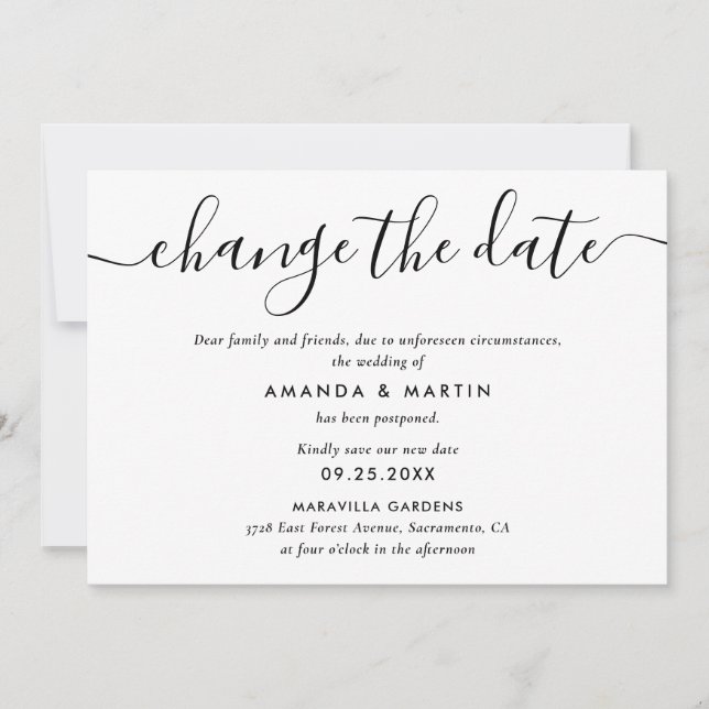 Faire-part Report de mariage noir et blanc (Devant)