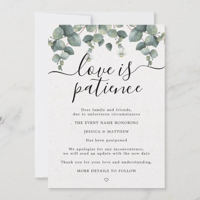 Faire-part Report du changement de plans Mariage Eucalyptus (Devant)
