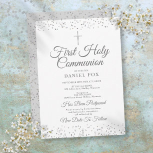 Faire-part reportée Argent première communion sain