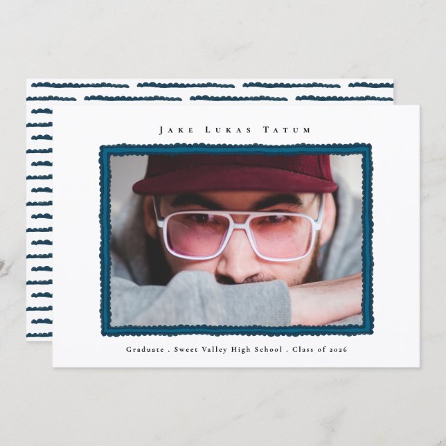 Faire-part Retro Photo Blue Frame Graduation High School (Devant / Derrière)