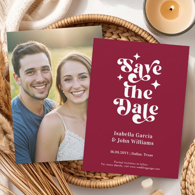 Faire-part Retro Typography Photo Wedding Save The Date (The front and back of the announcement is shown in 4.5 x 6.25 in. Choose size, corner + paper style.)