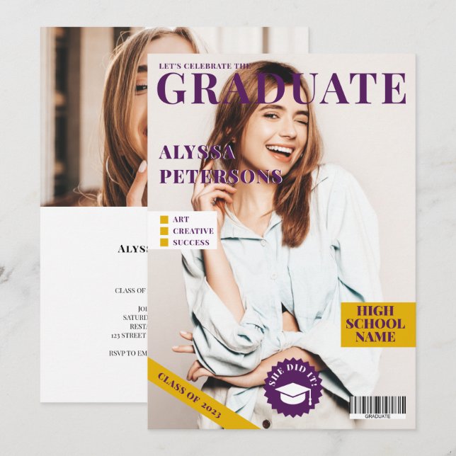 Faire-part Revue couverture 2 photos violet tendance graduati (Devant / Derrière)
