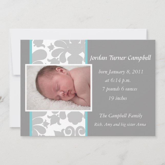 Faire-part Ribbon floral gris -turquoise (Devant)