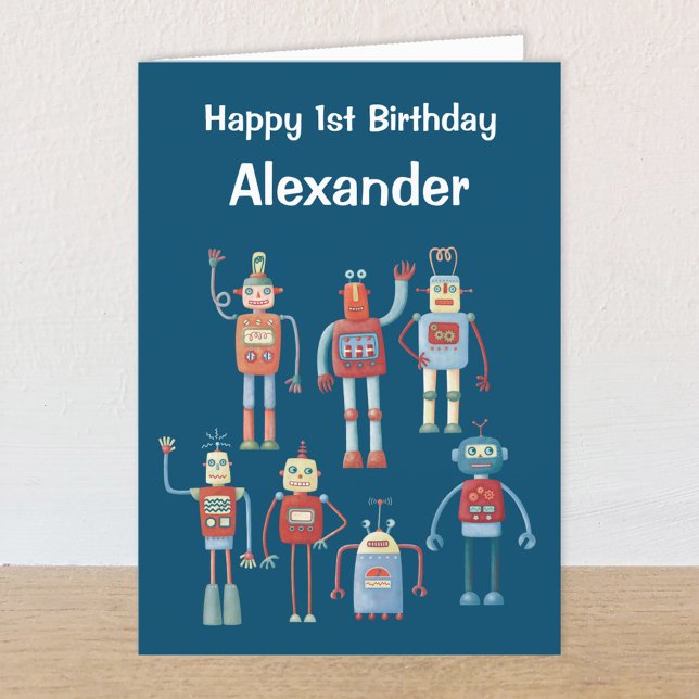Faire-part Robots Retro 1950s Personnalisé Age & Nom Annivers (Retro robot first birthday card)