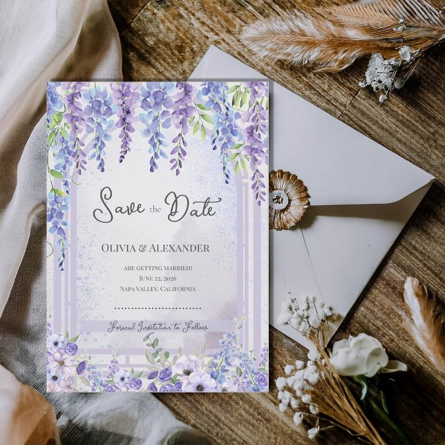 Faire-part Romantic Lavender Wisteria Save the Date (Romantic Lavender Wisteria Save the Date Card | Purple Floral Garden Wedding Announcement)