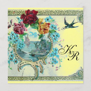 Faire-part ROMANTİCA 3 MONOGRAMME, Mariage Bleu Jaune
