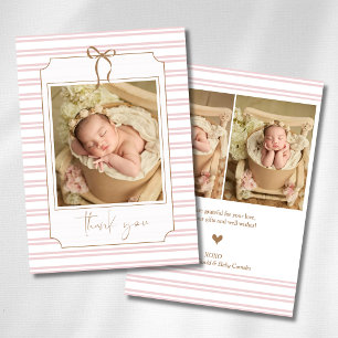 Faire-part Romantique rose rayé noeud doré photo de bébé 