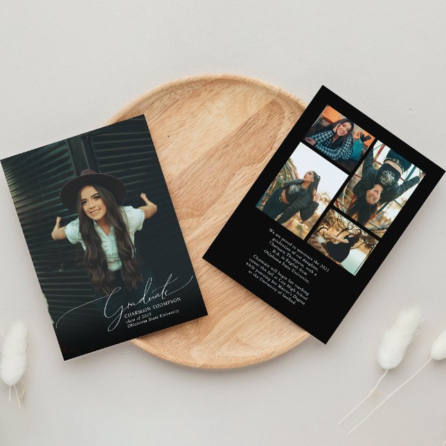 Faire-part Romantique Script Black Photo Collage Graduation (Créateur téléchargé)