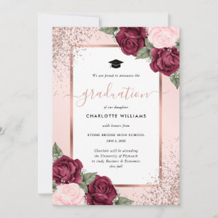 Faire-part Rose Gold Floral Photo de remise de diplôme Bourgo