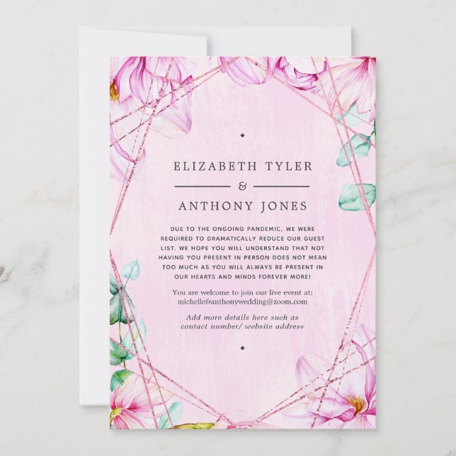 Faire-part Rose Gold & Pink Magnolia Mariage géométrique invi (Devant)