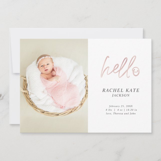 Faire-part Rose Hello Script Photo Rose Gold Polka Dot Girl (Devant)