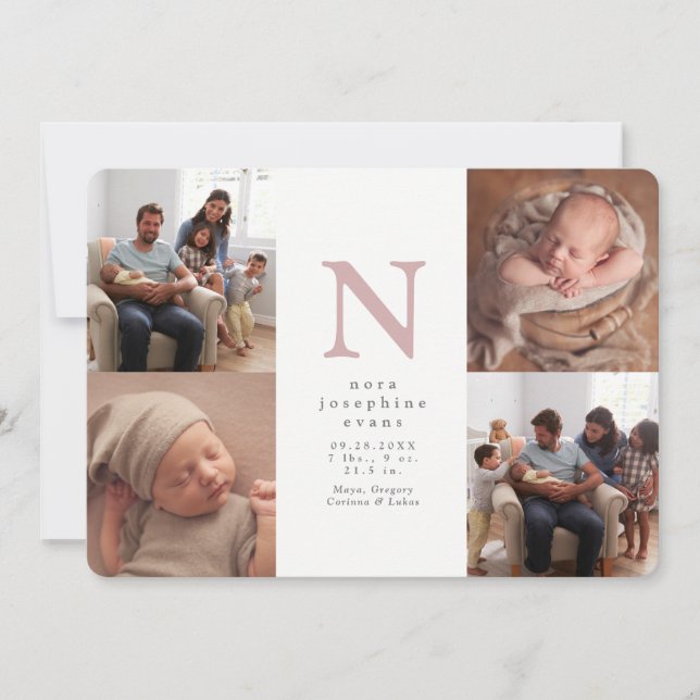 Faire-part Rose initial quatre photo collage fille naissance (Devant)