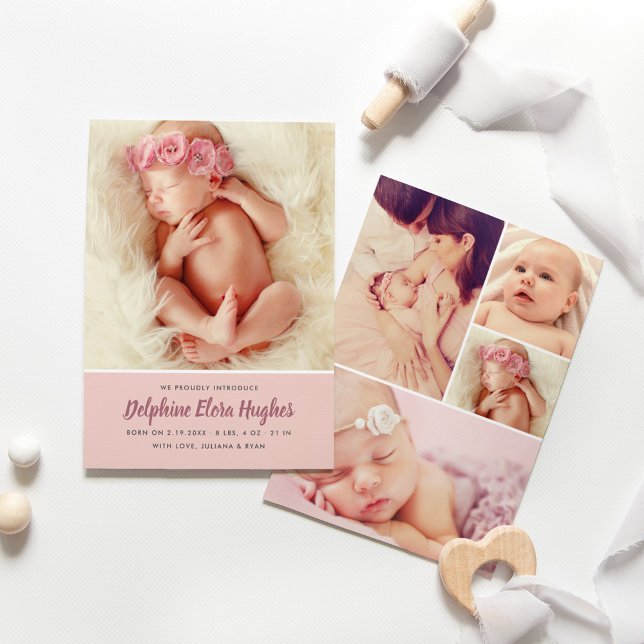 Faire-part Rose moderne Dusty Baby Girl Photo Collage Naissan (Créateur téléchargé)