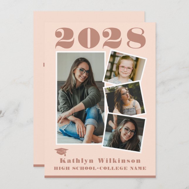 Faire-part Rose moderne Pink Script 4 Photo Collage Graduatio (Devant / Derrière)