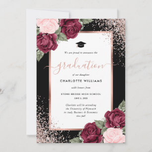 Faire-part Rose noire or burgundy rose dorée florale diplômée