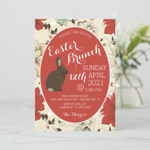 Faire-part Rouge & Crème Lapin Floral Oeuf de Pâques, Brunch 
