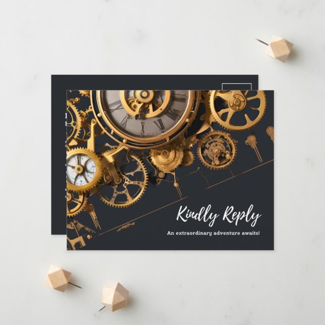 Faire-part RSVP au extravaganza steampunk avec horlogerie vin (Devant/Arrière en situation)