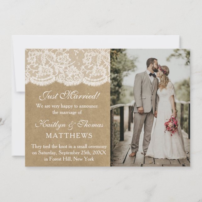 Faire-part Rustic Kraft & White Lace Mariage photo mariage (Devant)