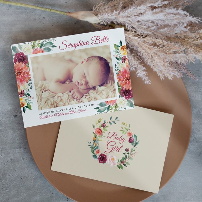 Faire-part Rustique Bourgogne Floral Baby Girl Photo Naissanc (Créateur téléchargé)