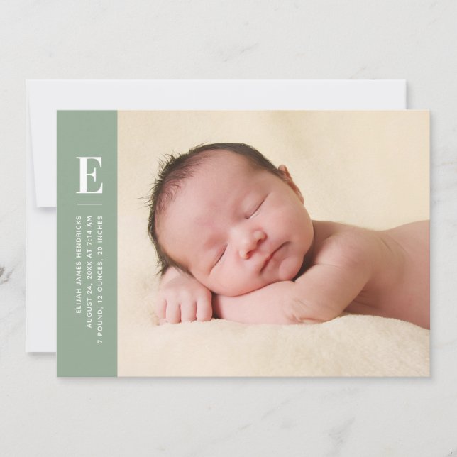 Faire-part Sage Green Simple Monogramme Nouveau Photo bébé Na (Devant)