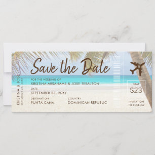 Faire-part Sandy Beach Boarding Pass Ticket Save Date Card
