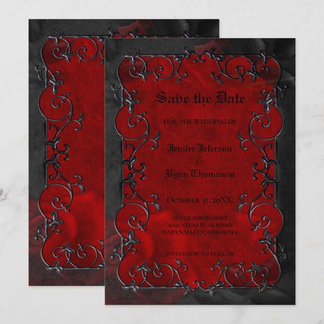 Faire-part Sauvegarde de mariage Halloween gothique rouge (Devant / Derrière)