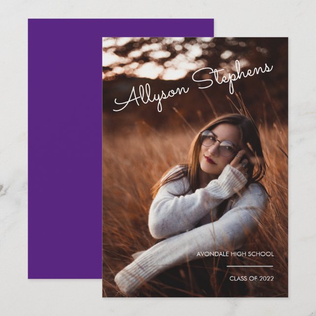 Faire-part Script Classy Texte Blanc Photo Purple Graduation (Devant / Derrière)