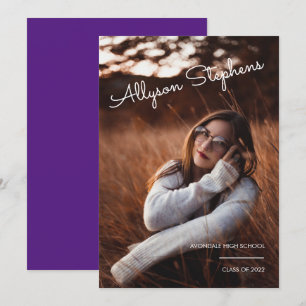 Faire-part Script Classy Texte Blanc Photo Purple Graduation