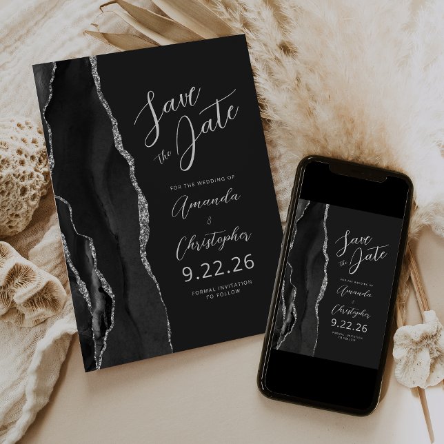 Faire-part Script d'agate d'argent noir Enregistrer la date (Créateur téléchargé)