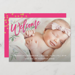Faire-part Script de bienvenue rose avec naissance Faux Gold 