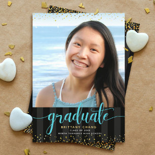 Faire-part Script de parties scintillant turquoise graduation