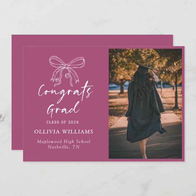 Faire-part Script écrit à la main simple bow Graduation (Devant / Derrière)