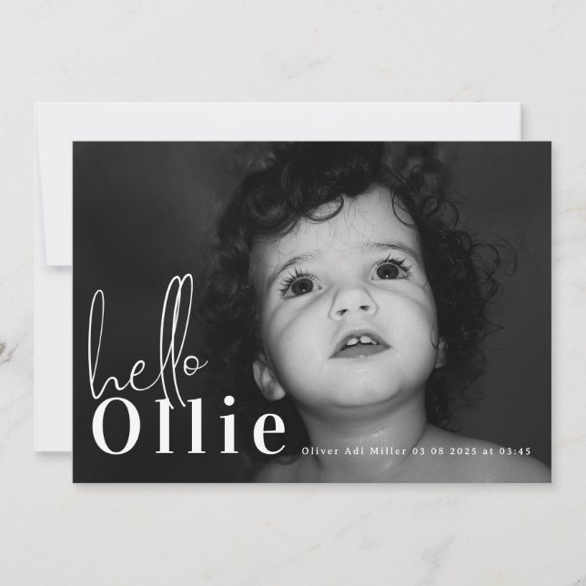 Faire-part Script Hello Nom Neutre Minimaliste Photo Baby (Devant)