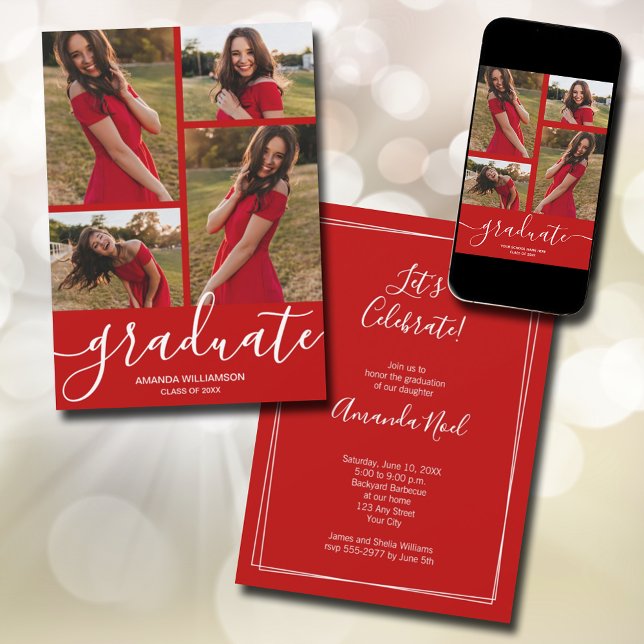 Faire-part Script Moderne 4 Photo Écarlate Diplômé (Modern script 4 photo scarlet red graduation announcements - PRINTED and/or INSTANT DOWNLOAD)
