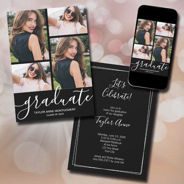 Faire-part Script moderne 4 Photo Graduation noire (Modern script 4 photo black graduation announcements - PRINTED and/or INSTANT DOWNLOAD)