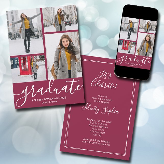 Faire-part Script moderne 4 Photo Maroon Graduation (Modern script 4 photo maroon graduation announcements - PRINTED and/or INSTANT DOWNLOAD)