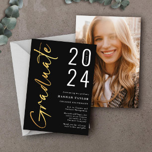 Faire-part Script moderne Black Gold 2024 Diplôme photo