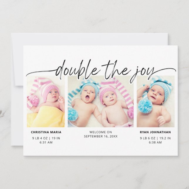 Faire-part Script moderne Double La Joy 4 Photos (Devant)