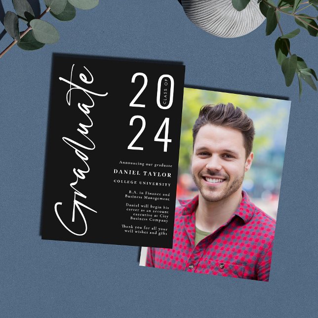 Faire-part Script moderne noir 2024 Diplôme photo (Créateur téléchargé)