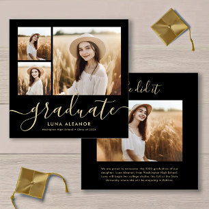 Faire-part Script moderne noir et or 4 Photo Graduation