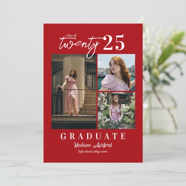 Faire-part Script moderne Rouge 3 Photo Collage Graduation (Debout devant)