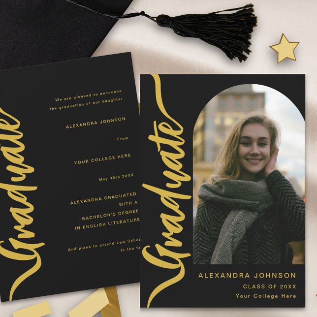 Faire-part Script photo d'Arc moderne (Modern graduate photo arch gold script stylish black Graduation announcement card)