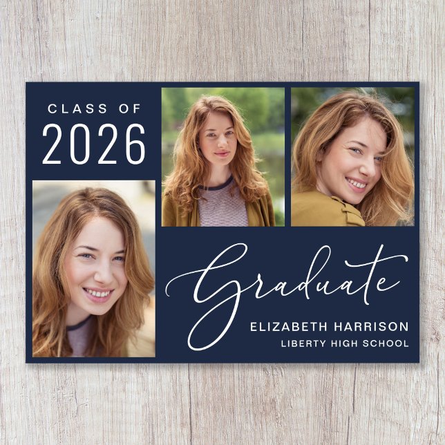 Faire-part Script photo moderne Bleu Graduation (Cherish the milestone: share your graduate's achievement with a custom photo graduation announcement)
